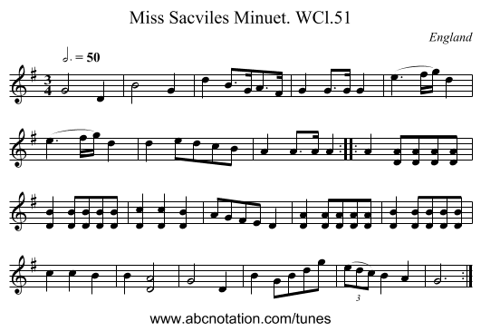 Miss Sacviles Minuet. WCl.51 - staff notation