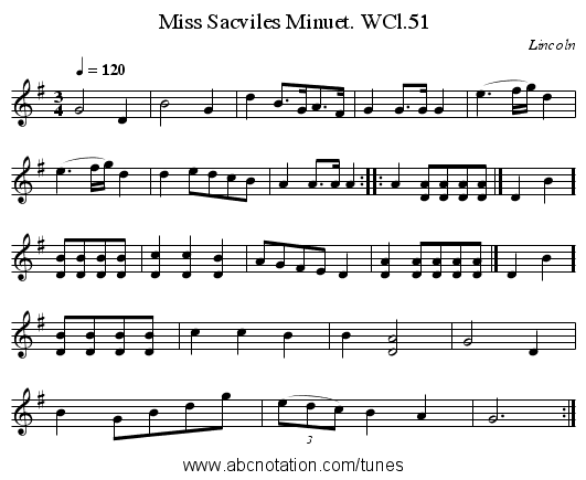 Miss Sacviles Minuet. WCl.51 - staff notation