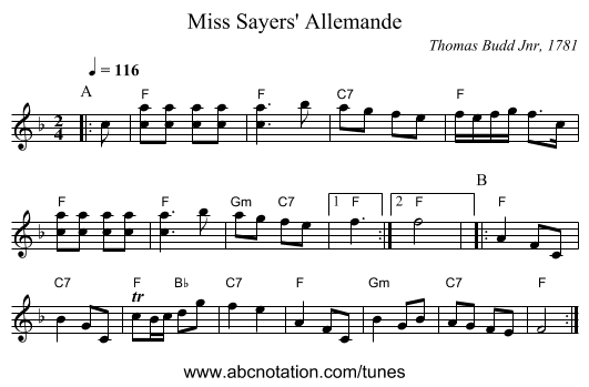 Miss Sayers' Allemande - staff notation