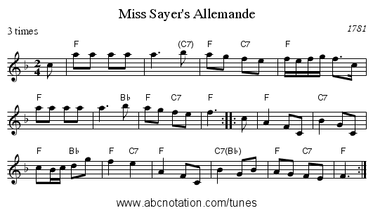 Miss Sayer's Allemande - staff notation