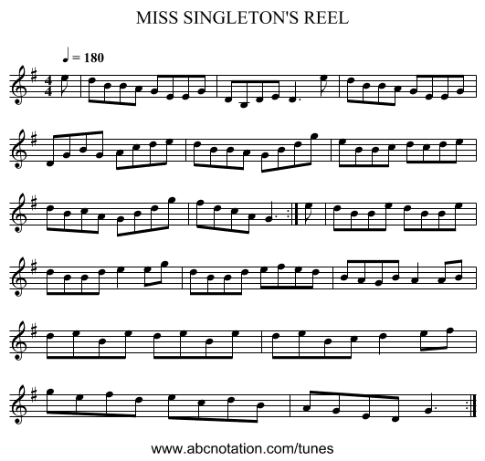 MISS SINGLETON'S REEL - staff notation