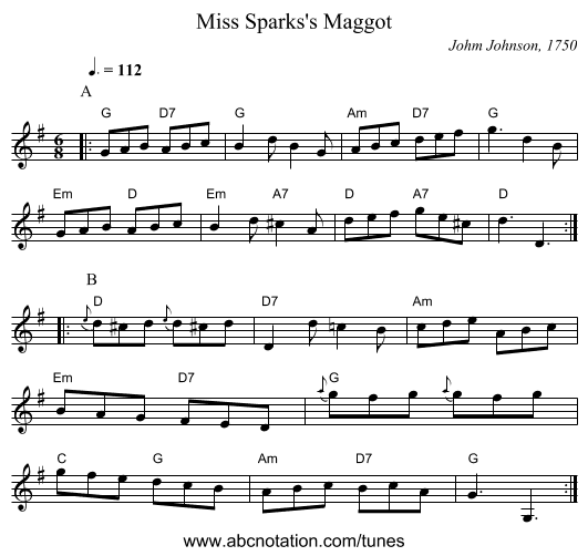 Miss Sparks's Maggot - staff notation
