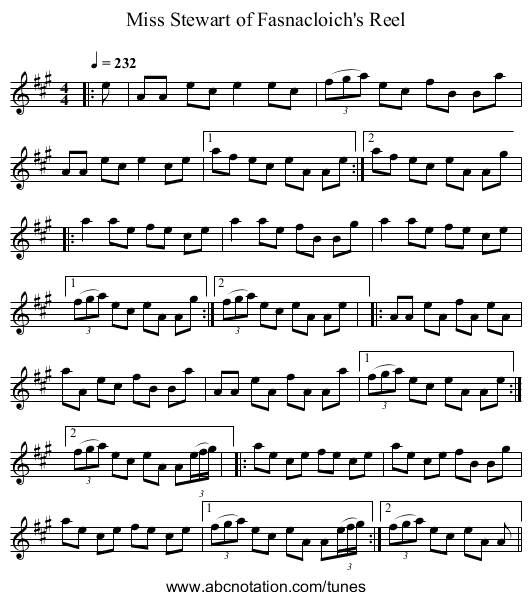 Miss Stewart of Fasnacloich's Reel - staff notation