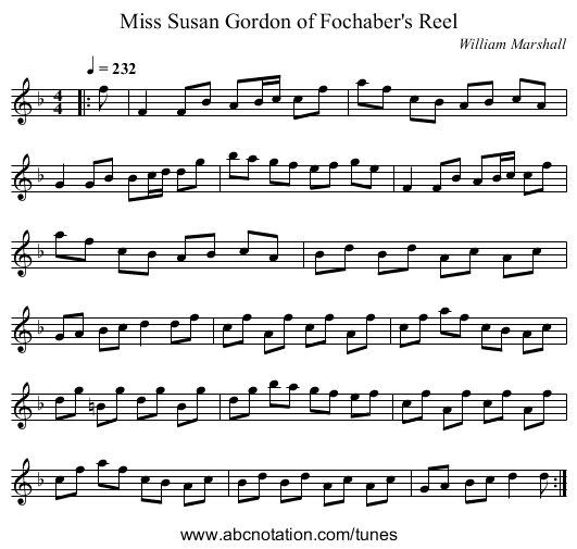 Miss Susan Gordon of Fochaber's Reel - staff notation