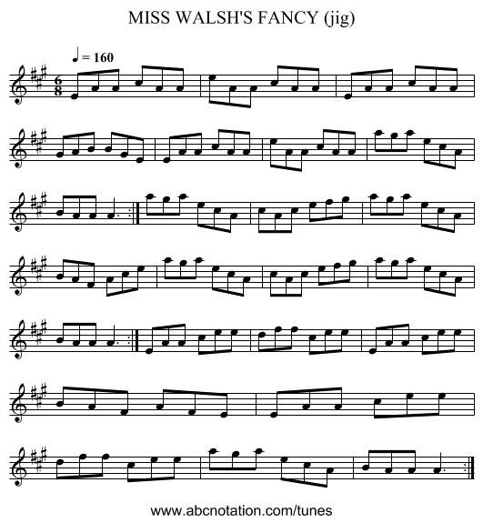 MISS WALSH'S FANCY (jig) - staff notation