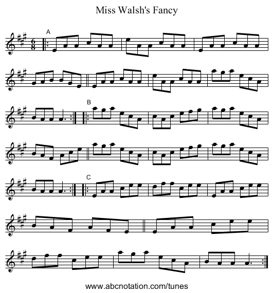 Miss Walsh's Fancy - staff notation