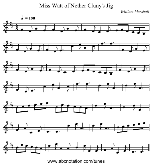 Miss Watt of Nether Cluny's Jig - staff notation