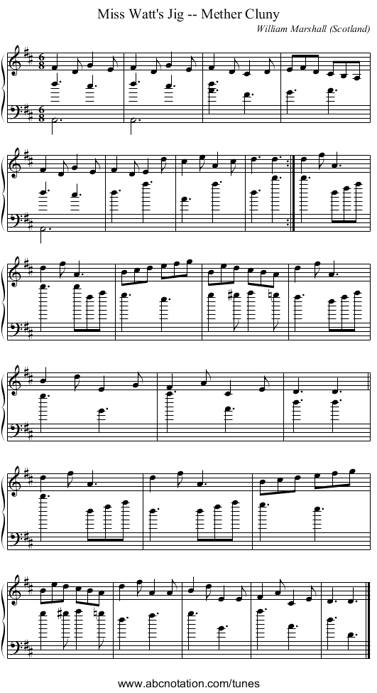 Miss Watt's Jig -- Mether Cluny - staff notation