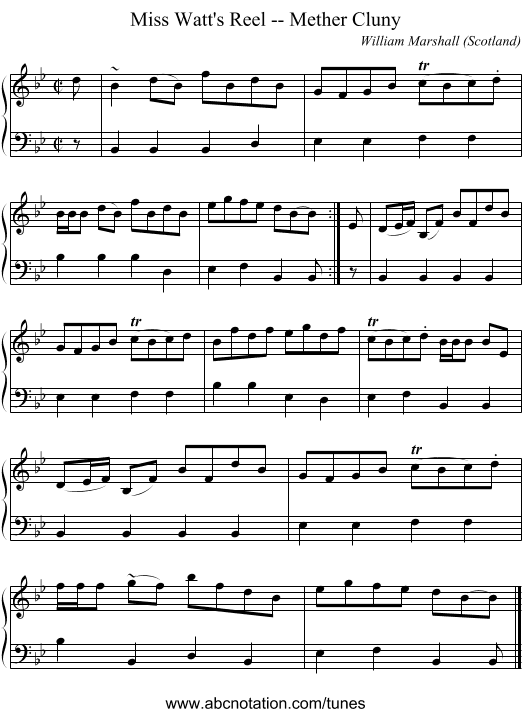 Miss Watt's Reel -- Mether Cluny - staff notation