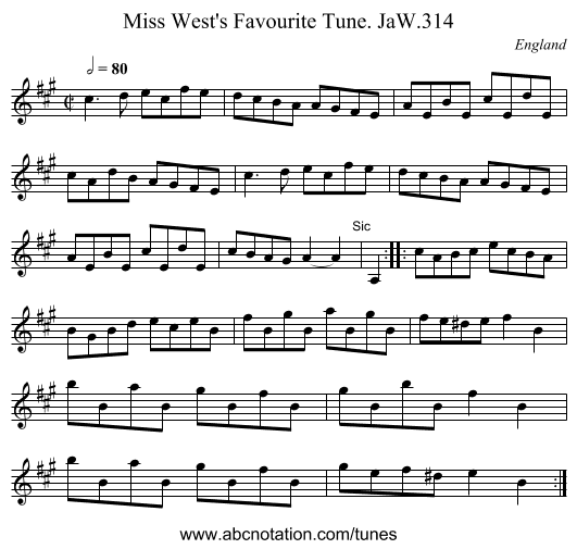 Miss West's Favourite Tune. JaW.314 - staff notation