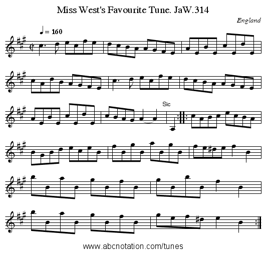 Miss West's Favourite Tune. JaW.314 - staff notation