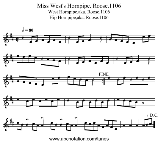 Miss West's Hornpipe. Roose.1106 - staff notation