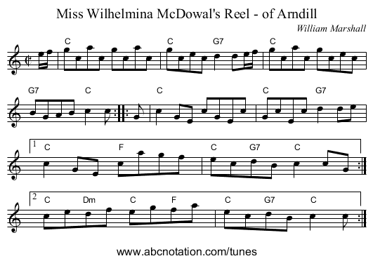 Miss Wilhelmina McDowal's Reel - of Arndill - staff notation