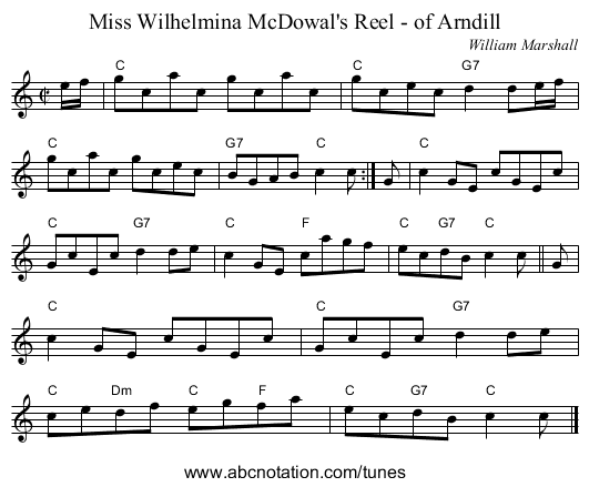 Miss Wilhelmina McDowal's Reel - of Arndill - staff notation