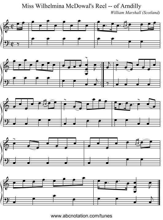 Miss Wilhelmina McDowal's Reel -- of Arndilly - staff notation