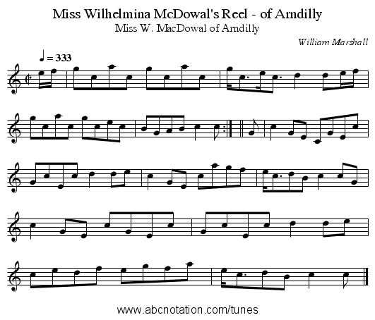Miss Wilhelmina McDowal's Reel - of Arndilly - staff notation