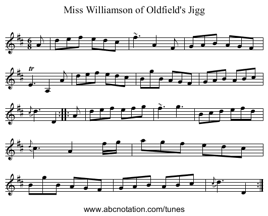 Miss Williamson of Oldfield's Jigg - staff notation