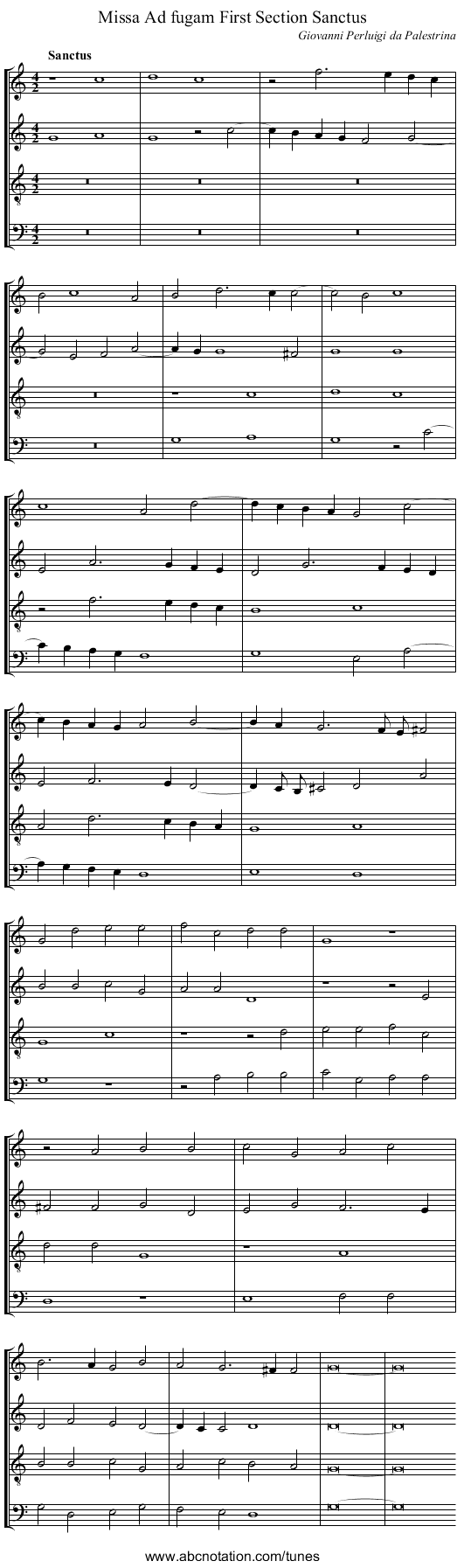 Missa Ad fugam First Section Sanctus - staff notation