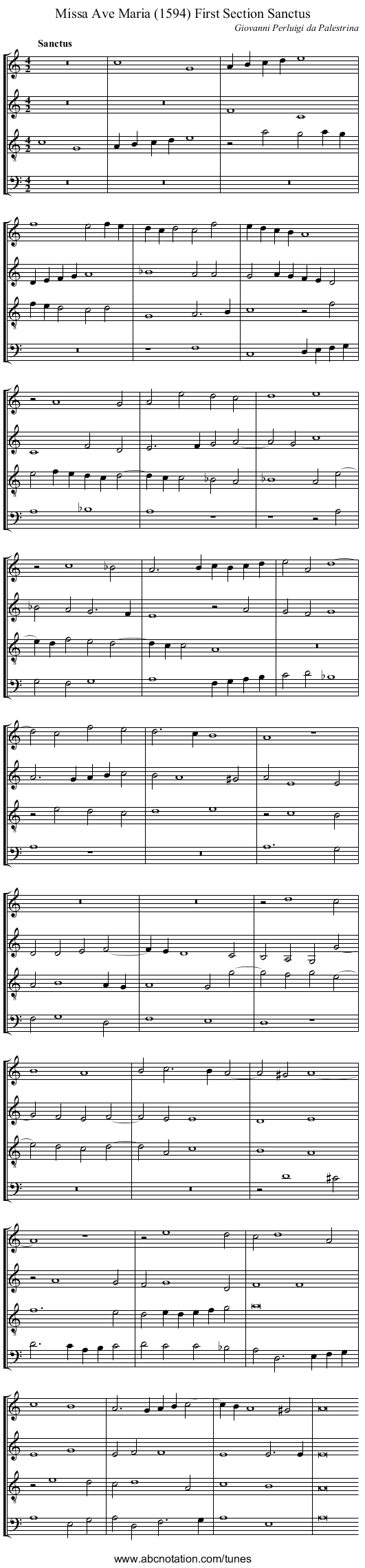 Missa Ave Maria (1594) First Section Sanctus - staff notation