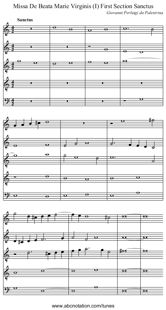 Missa De Beata Marie Virginis (I) First Section Sanctus - staff notation