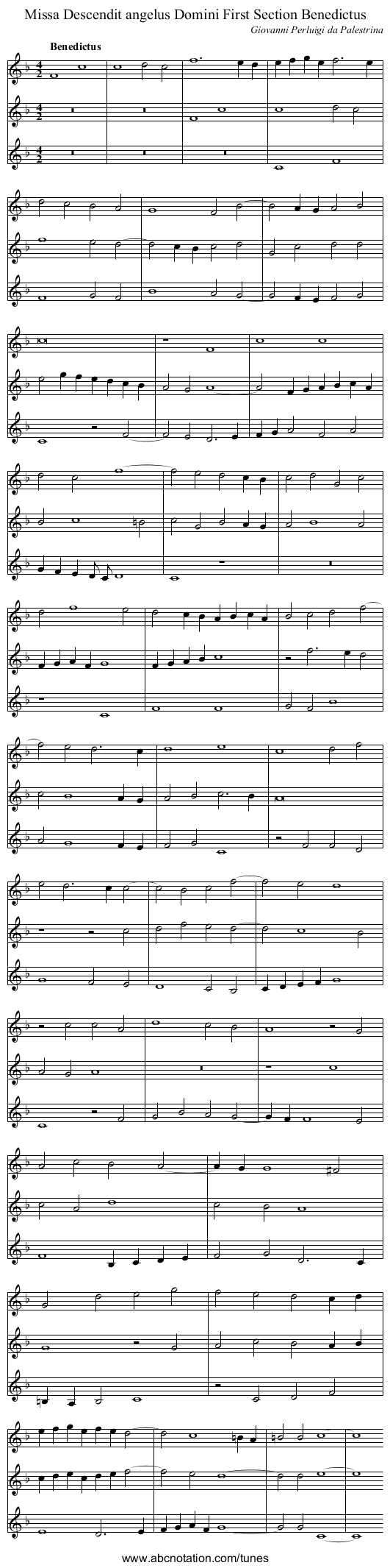 Missa Descendit angelus Domini First Section Benedictus - staff notation