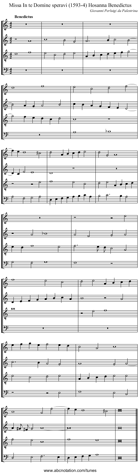 Missa In te Domine speravi (1593-4) Hosanna Benedictus - staff notation