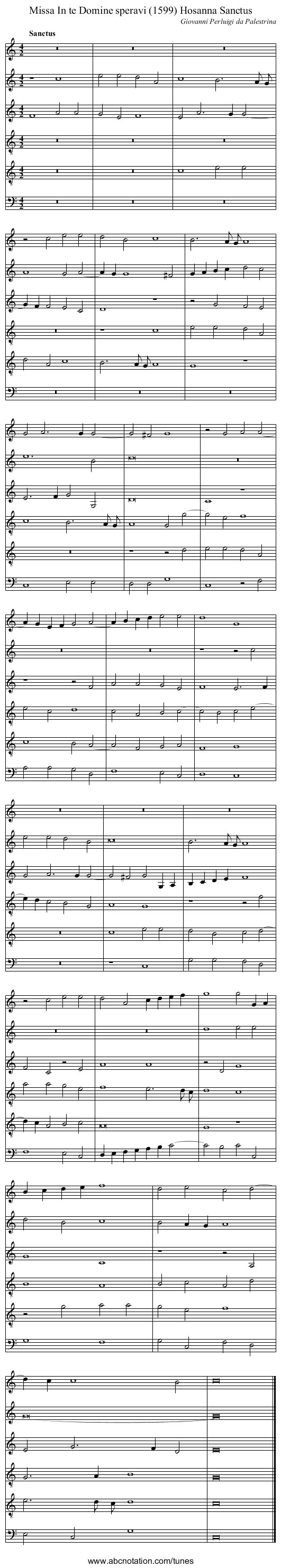 Missa In te Domine speravi (1599) Hosanna Sanctus - staff notation