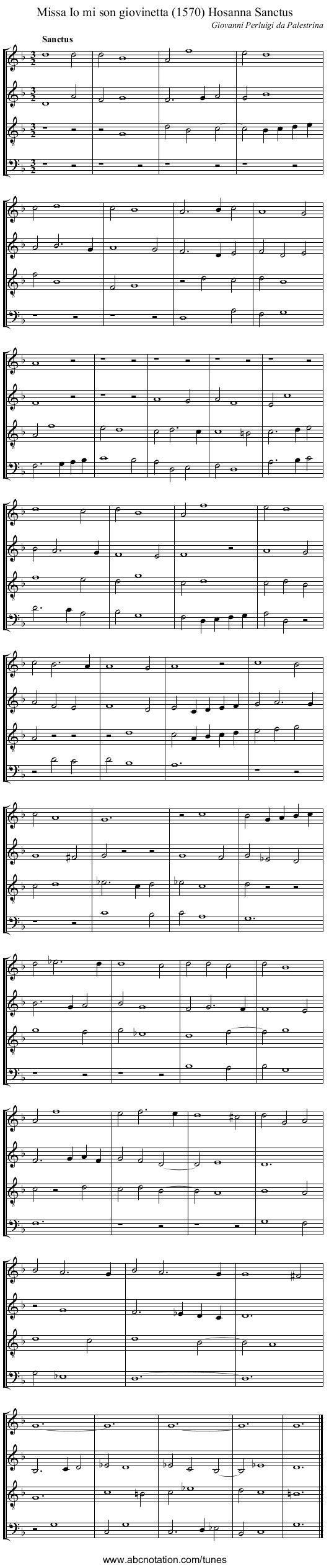 Missa Io mi son giovinetta (1570) Hosanna Sanctus - staff notation