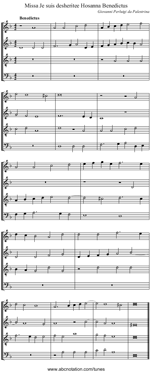 Missa Je suis desheritee Hosanna Benedictus - staff notation