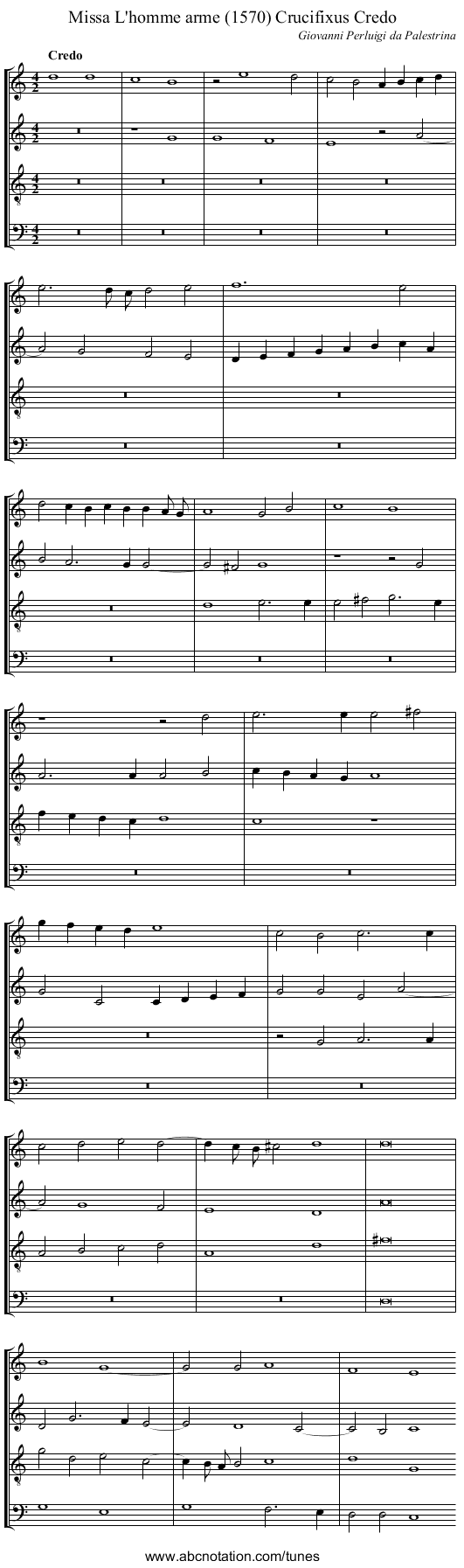 Missa L'homme arme (1570) Crucifixus Credo - staff notation