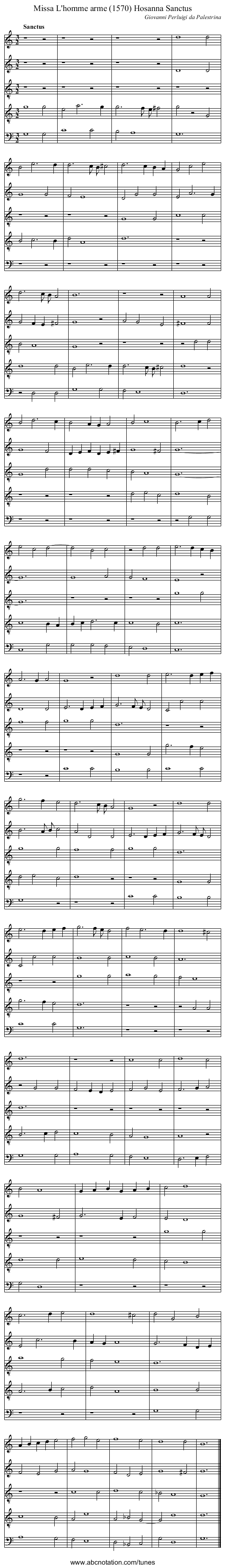 Missa L'homme arme (1570) Hosanna Sanctus - staff notation