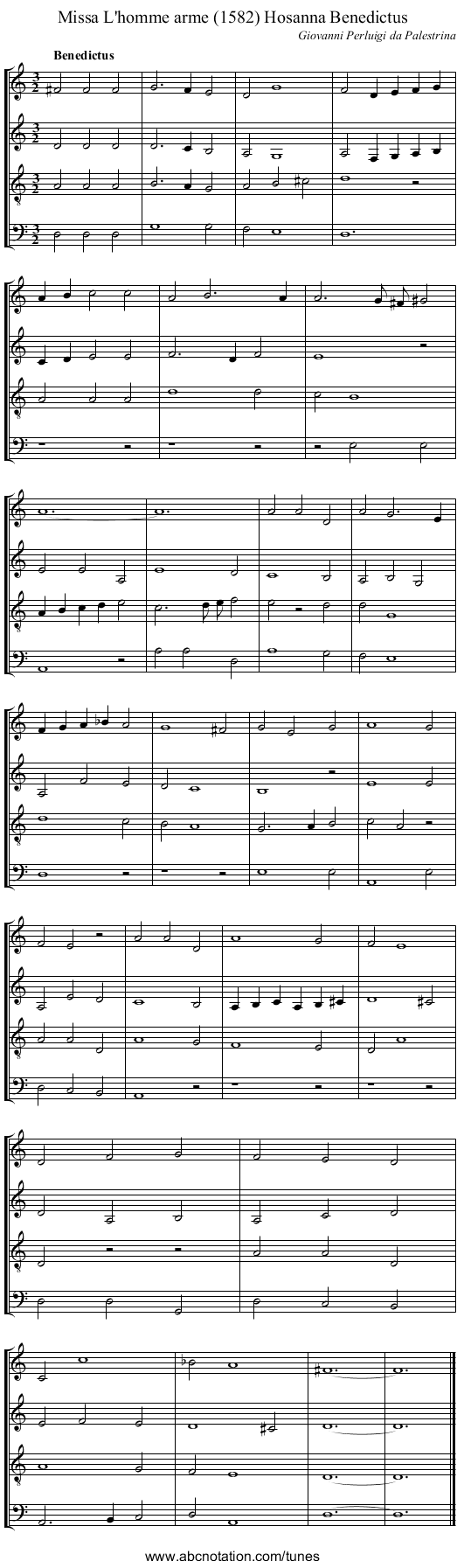 Missa L'homme arme (1582) Hosanna Benedictus - staff notation