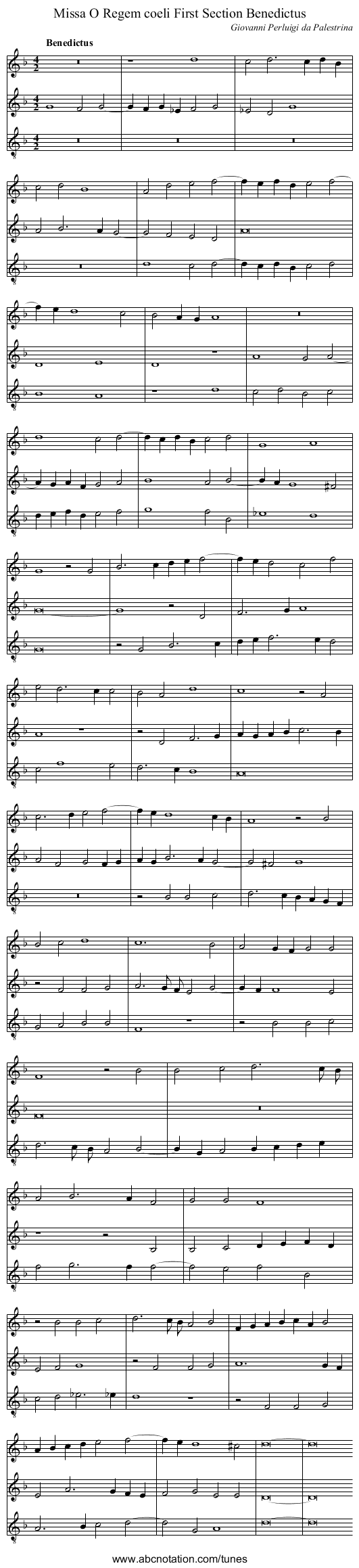 Missa O Regem coeli First Section Benedictus - staff notation