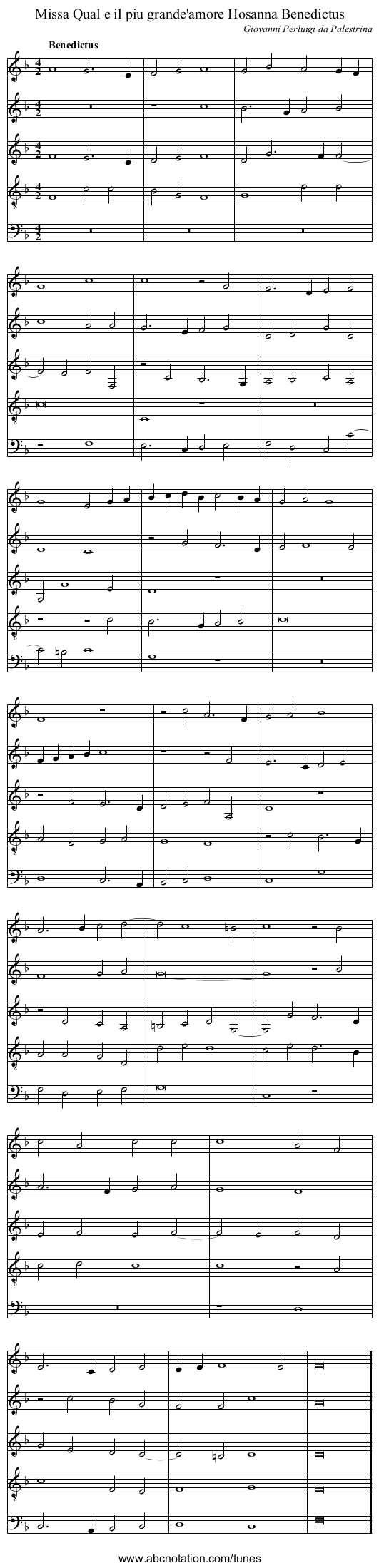 Missa Qual e il piu grande'amore Hosanna Benedictus - staff notation