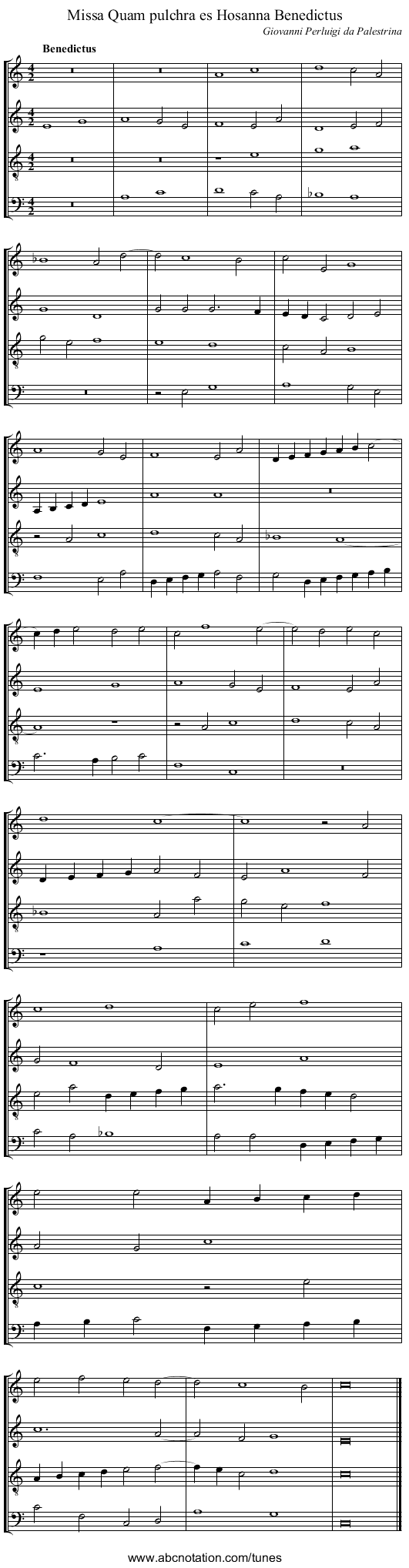 Missa Quam pulchra es Hosanna Benedictus - staff notation