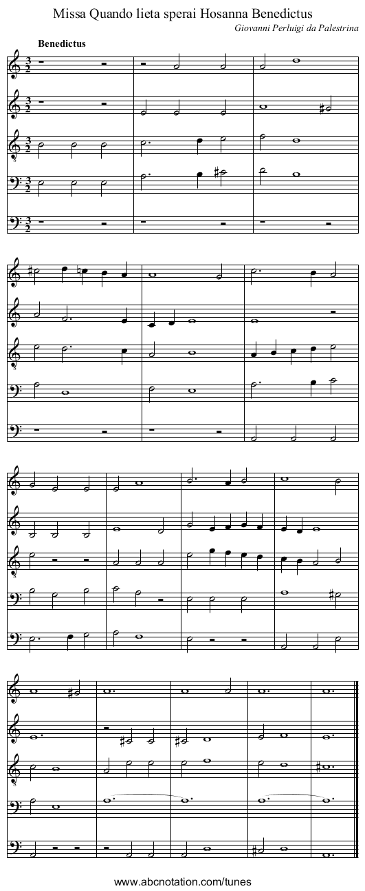 Missa Quando lieta sperai Hosanna Benedictus - staff notation