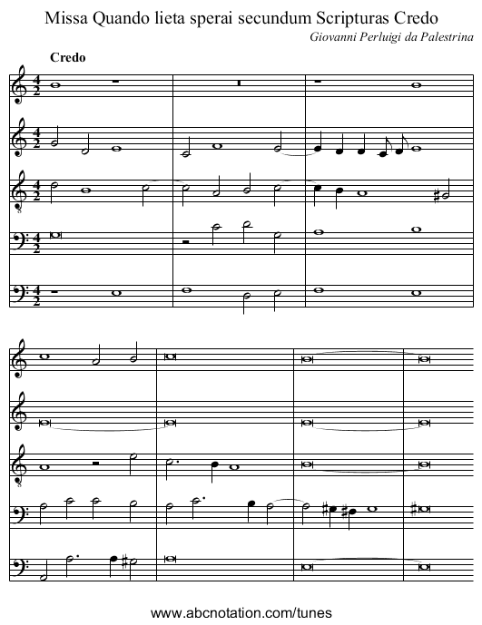 Missa Quando lieta sperai secundum Scripturas Credo - staff notation