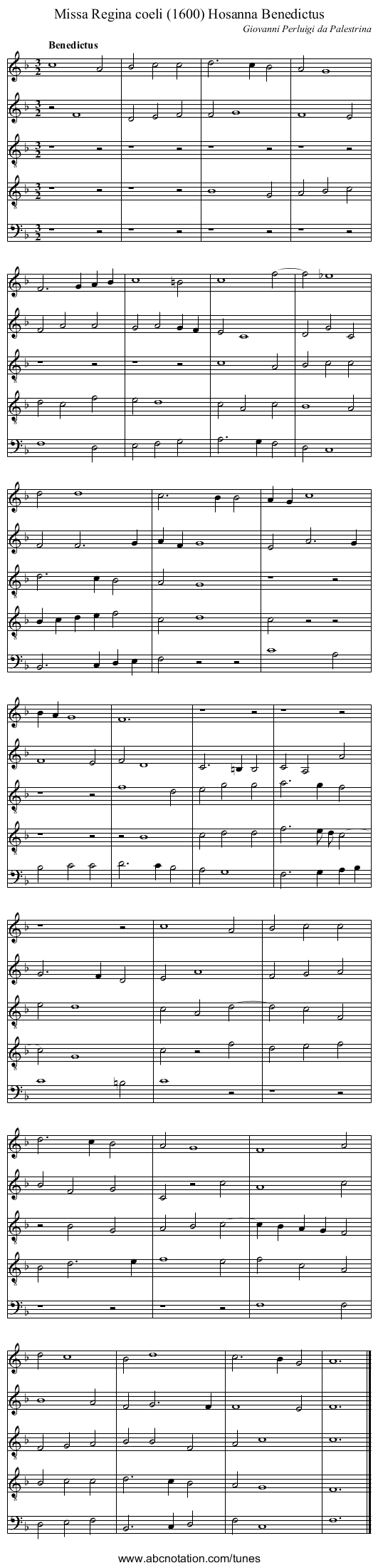 Missa Regina coeli (1600) Hosanna Benedictus - staff notation