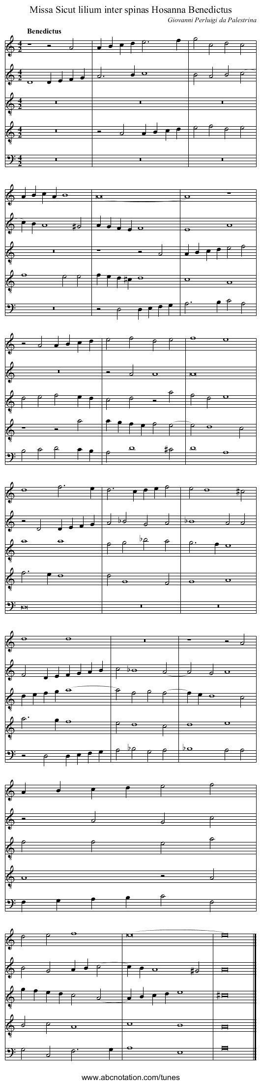 Missa Sicut lilium inter spinas Hosanna Benedictus - staff notation
