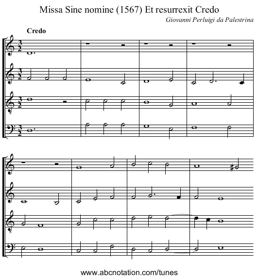 Missa Sine nomine (1567) Et resurrexit Credo - staff notation