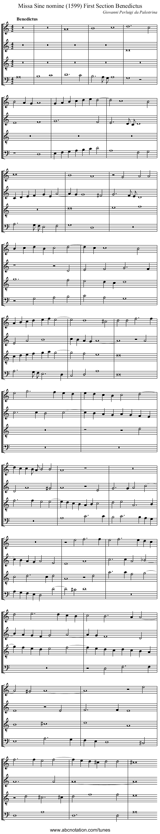 Missa Sine nomine (1599) First Section Benedictus - staff notation