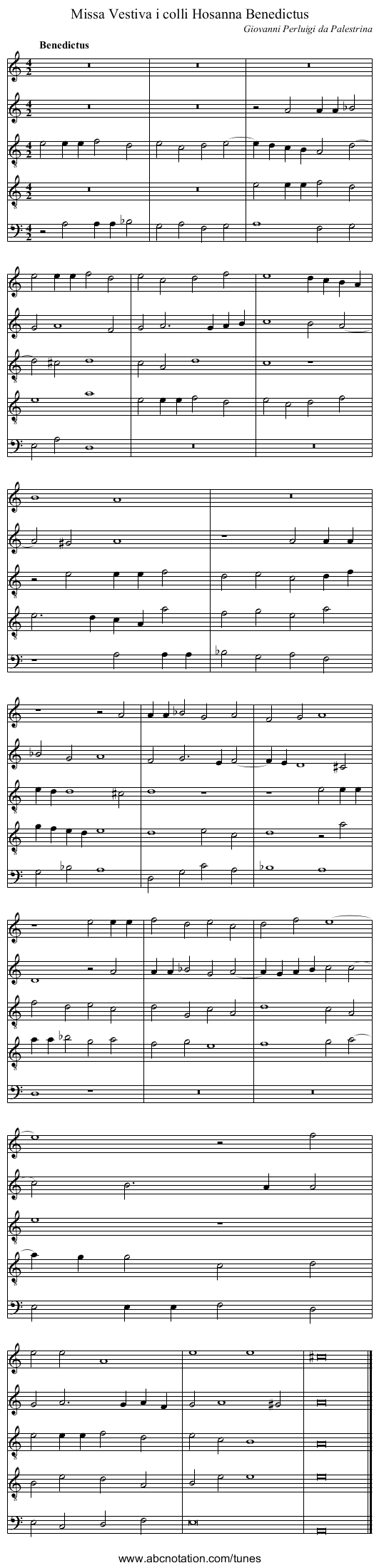 Missa Vestiva i colli Hosanna Benedictus - staff notation