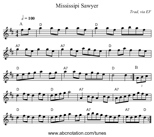 Mississipi Sawyer - staff notation