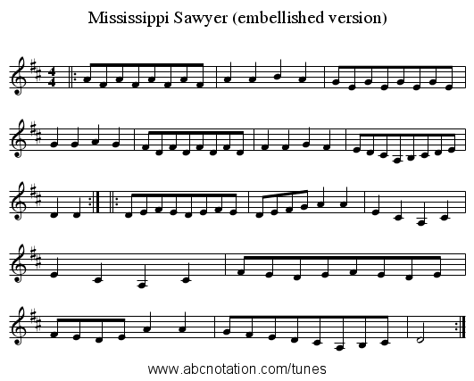Mississippi Sawyer (embellished version) - staff notation