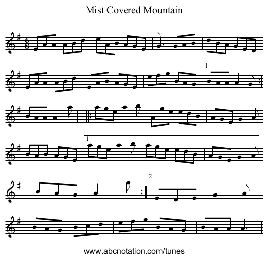 Mist Covered Mountain - staff notation