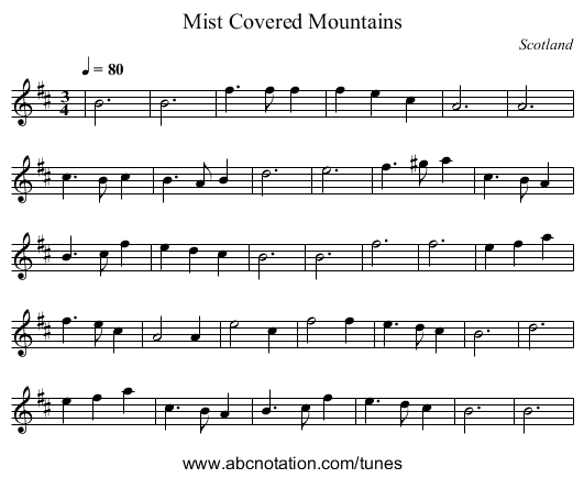 Mist Covered Mountains - staff notation