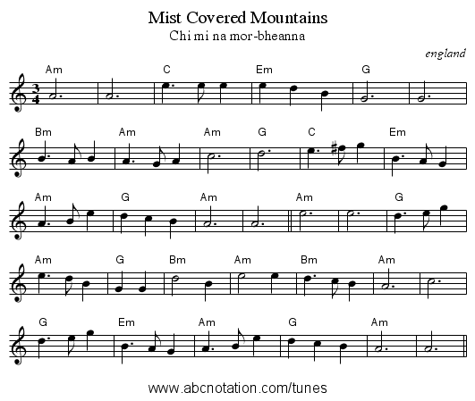 Mist Covered Mountains - staff notation