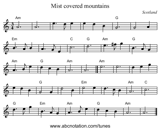 Mist covered mountains - staff notation