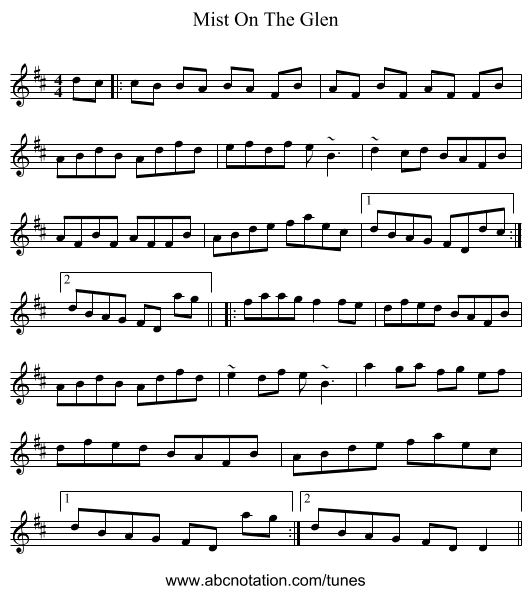 Mist On The Glen - staff notation