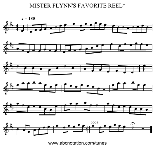 MISTER FLYNN'S FAVORITE REEL* - staff notation